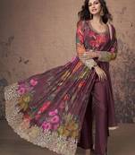 Wine embroidery print & sequins work georgette anarkali pant suit - full stitched suit