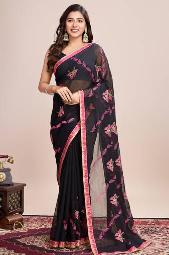 Pink georgette floral embroidered saree