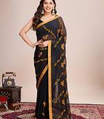 Yellow georgette floral embroidered saree