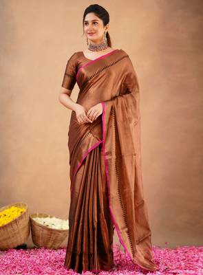 Trendmalls Trendmalls Copper Tissue cotton handloom saree with unstitched blouse 1