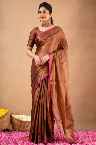 Copper Tissue cotton handloom saree with unstitched blouse