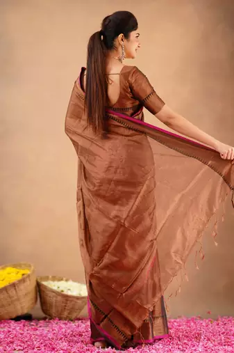 Trendmalls Trendmalls Copper Tissue cotton handloom saree with unstitched blouse