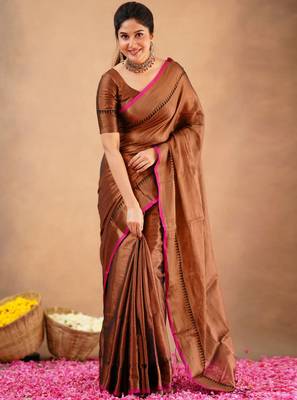 Trendmalls Trendmalls Copper Tissue cotton handloom saree with unstitched blouse 3