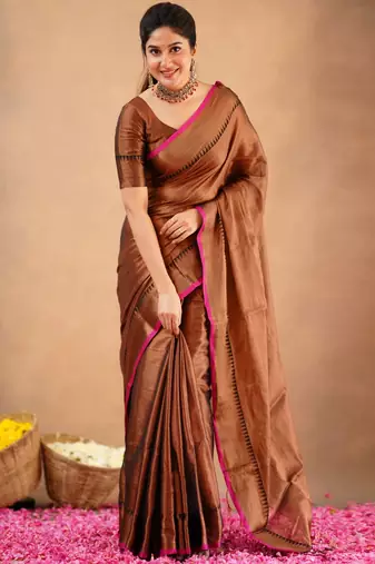Trendmalls Trendmalls Copper Tissue cotton handloom saree with unstitched blouse