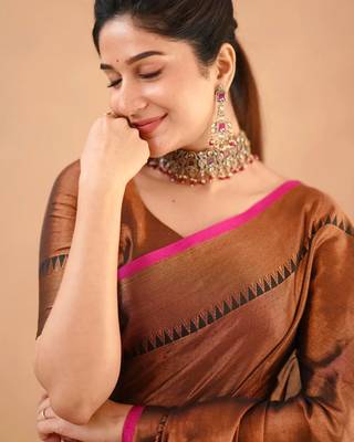 Trendmalls Trendmalls Copper Tissue cotton handloom saree with unstitched blouse 4
