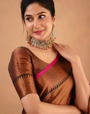 Trendmalls Trendmalls Copper Tissue cotton handloom saree with unstitched blouse 5