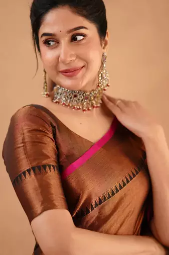 Trendmalls Trendmalls Copper Tissue cotton handloom saree with unstitched blouse