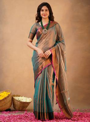 Trendmalls Trendmalls Teal Tissue cotton handloom saree with unstitched blouse 1