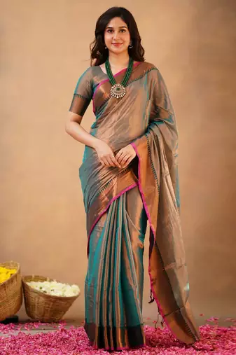 Teal Tissue cotton handloom saree with unstitched blouse