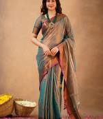 Trendmalls Trendmalls Teal Tissue cotton handloom saree with unstitched blouse