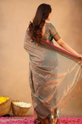 Trendmalls Trendmalls Teal Tissue cotton handloom saree with unstitched blouse