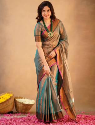 Trendmalls Trendmalls Teal Tissue cotton handloom saree with unstitched blouse 3