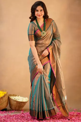 Trendmalls Trendmalls Teal Tissue cotton handloom saree with unstitched blouse