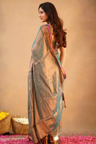 Trendmalls Trendmalls Teal Tissue cotton handloom saree with unstitched blouse