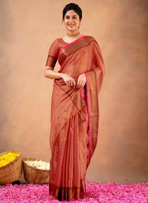 orange Tissue cotton handloom saree with unstitched blouse 1