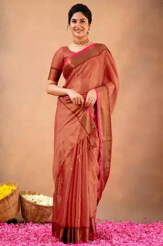 orange Tissue cotton handloom saree with unstitched blouse