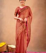 Trendmalls orange Tissue cotton handloom saree with unstitched blouse