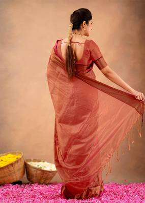 orange Tissue cotton handloom saree with unstitched blouse 2