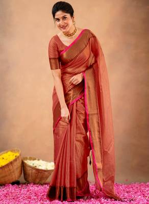 orange Tissue cotton handloom saree with unstitched blouse 3