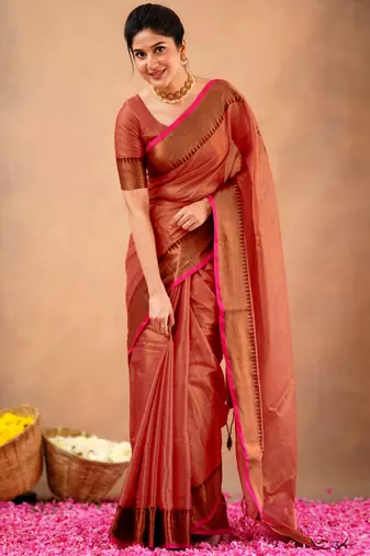 orange Tissue cotton handloom saree with unstitched blouse