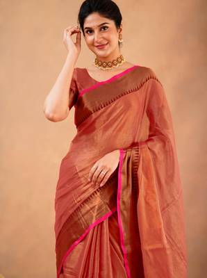 orange Tissue cotton handloom saree with unstitched blouse 4