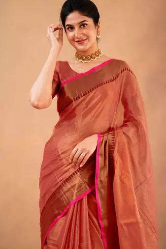 orange Tissue cotton handloom saree with unstitched blouse