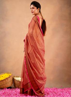 orange Tissue cotton handloom saree with unstitched blouse 5