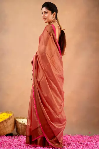 orange Tissue cotton handloom saree with unstitched blouse