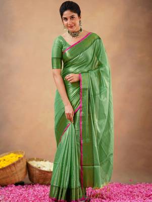 Lime Tissue cotton handloom saree with unstitched blouse 1