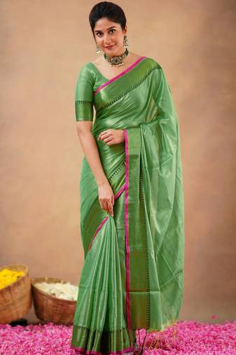 Lime Tissue cotton handloom saree with unstitched blouse