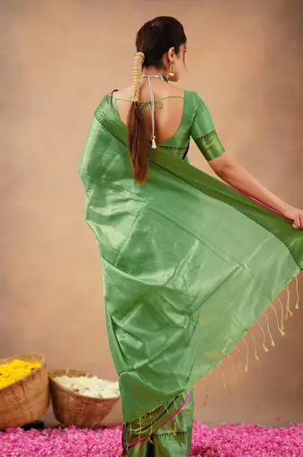Trendmalls Trendmalls Lime Tissue cotton handloom saree with unstitched blouse