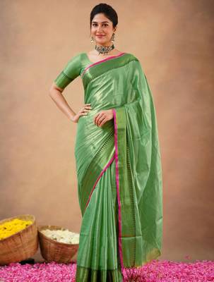 Lime Tissue cotton handloom saree with unstitched blouse 3