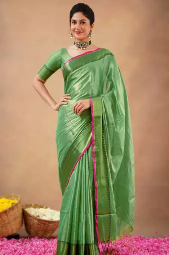 Trendmalls Trendmalls Lime Tissue cotton handloom saree with unstitched blouse