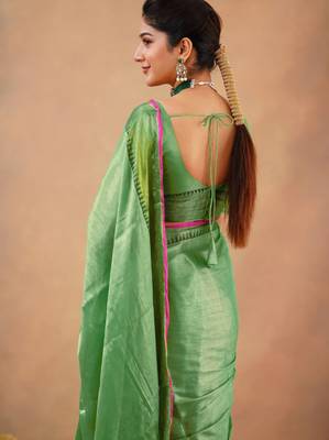Lime Tissue cotton handloom saree with unstitched blouse 4