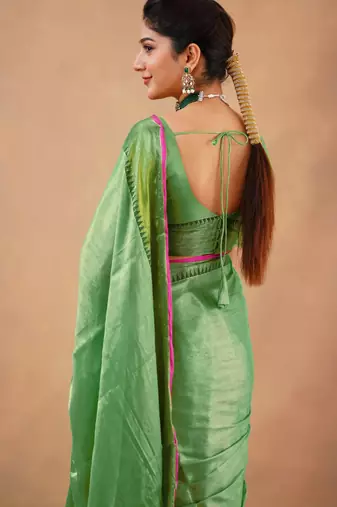 Trendmalls Trendmalls Lime Tissue cotton handloom saree with unstitched blouse