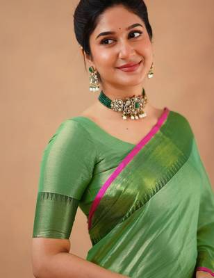 Lime Tissue cotton handloom saree with unstitched blouse 5