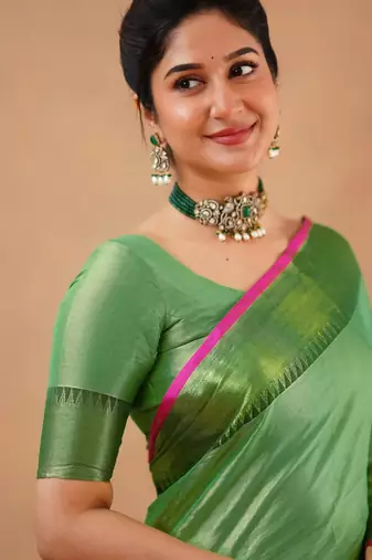 Trendmalls Trendmalls Lime Tissue cotton handloom saree with unstitched blouse
