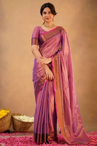 Trendmalls Pink Tissue cotton handloom saree with unstitched blouse