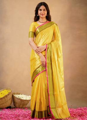 Yellow Tissue cotton handloom saree with unstitched blouse  1