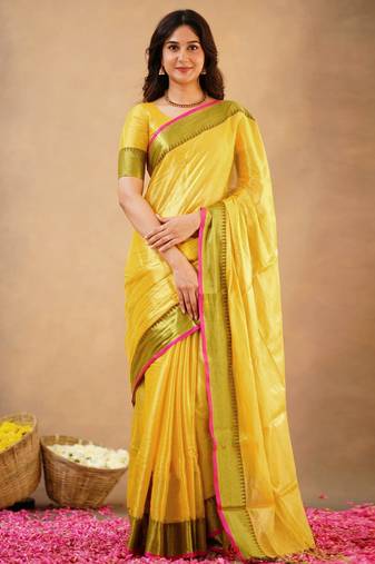 Yellow Tissue cotton handloom saree with unstitched blouse 