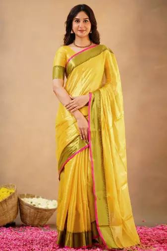 Yellow Tissue cotton handloom saree with unstitched blouse 