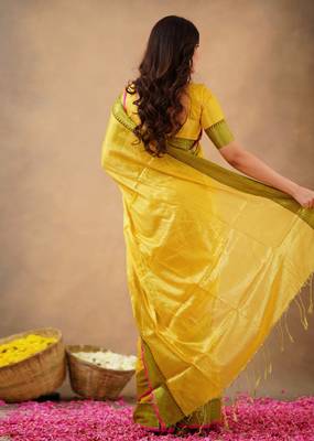 Yellow Tissue cotton handloom saree with unstitched blouse  2