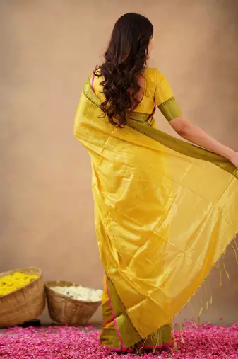 Trendmalls Yellow Tissue cotton handloom saree with unstitched blouse 