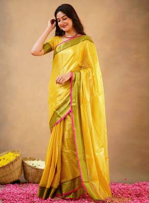 Yellow Tissue cotton handloom saree with unstitched blouse  3
