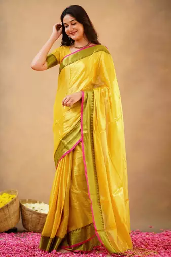 Trendmalls Yellow Tissue cotton handloom saree with unstitched blouse 