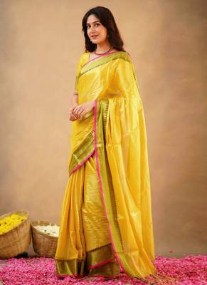Yellow Tissue cotton handloom saree with unstitched blouse  4