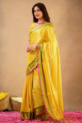 Trendmalls Yellow Tissue cotton handloom saree with unstitched blouse 