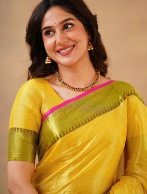 Yellow Tissue cotton handloom saree with unstitched blouse  5