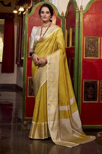 yellow jacquard Tussar Silk Saree