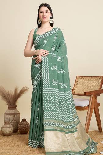 Green printed cotton saree with sequin weave